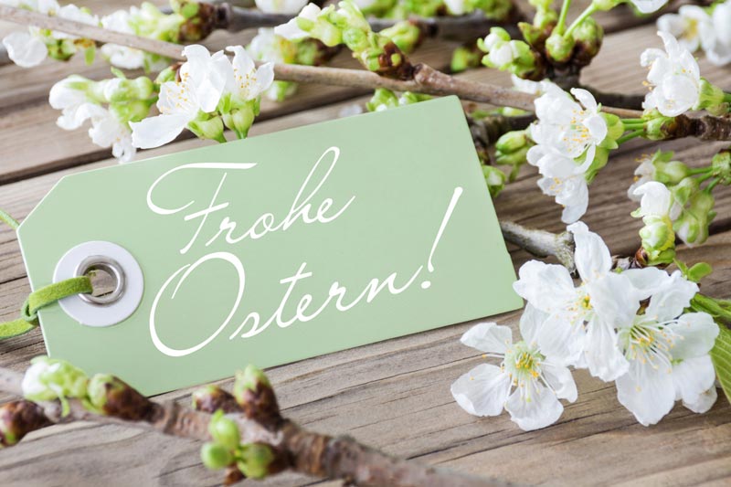 Bütenzweige und ein Schild mit der Aufschrift Frohe Ostern